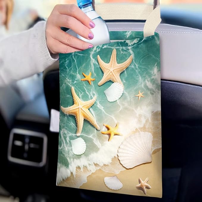 IRADA Car Trash Bag Hanging No Snap Small Garbage Bag for Car Back Seat Cute Printed One-Handed Strap Trash Bags Car Accessories-Starfish Car Trash Bags