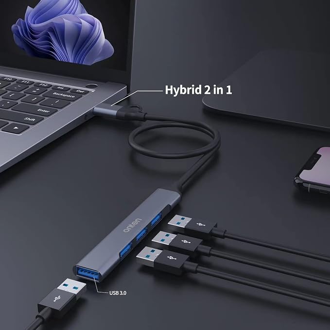 USB Hub, ONTEN USB C to USB Adapter, USB C to USB A Hub with 1.6ft Cable,4 Ports USB-C USB Hub 3.0/2.0, for MacBook Pro, iMac 2021, USB Splitter Aluminum Alloy, Color Gray