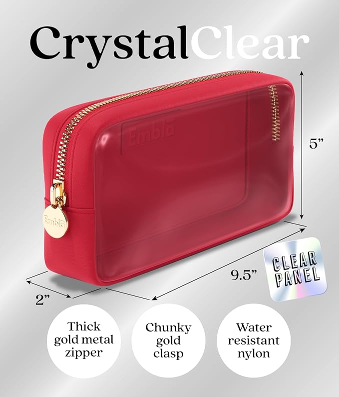 Embla Clear Cosmetic Bag Makeup Case, Clear Zipper Make Up Pouch and Toiletry Travel Tote, Cute Skincare Pouches for Women Girls, Preppy Purse Cosmetic Organizer, Small Makeup Bags, Ruby Red