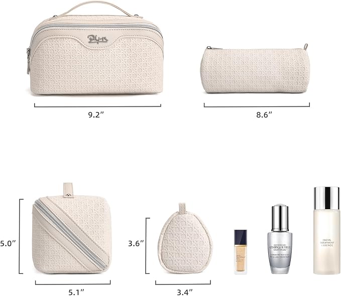 BOYATU Travel Makeup Bag Cosmetic Bags for Women: Large Capacity 3 Pcs Set Make up Bag with Compartments - Waterproof Vegan Leather Toiletry Organizer Bags with Handle (M-72Off-white)