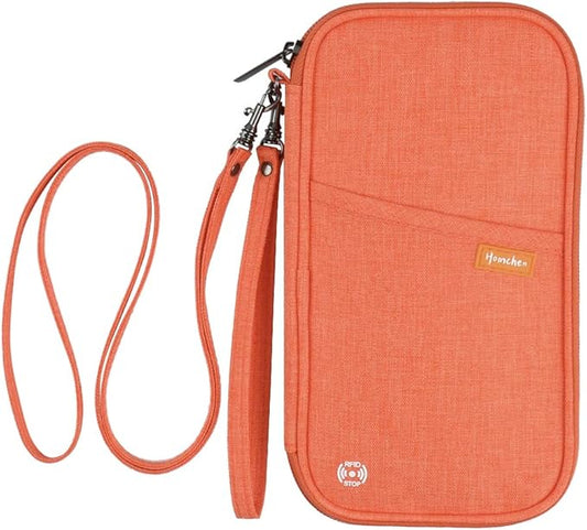 RFID Passport Wallet with Vaccine Card Slot, Family Travel Passport Holder Document Organizer Bag with Wrist & Neck Double Strap