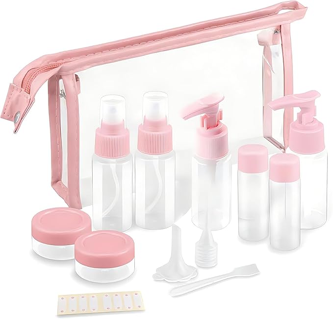 11-Pack Pink Travel Bottles Kit, TSA Approved Leak Proof Portable Toiletry Containers Set, Clear PET Flight Size Cosmetic Containers for Lotion, Shampoo, Cream, Soap