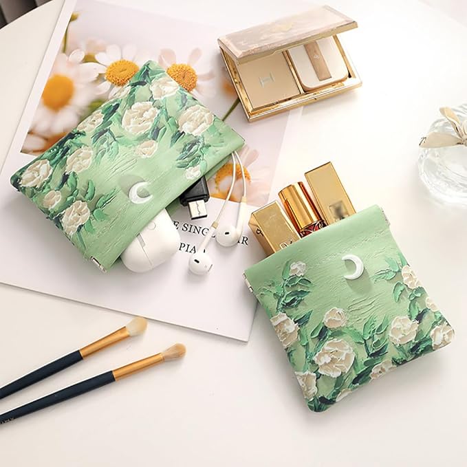 2 PCS Small Leather Cosmetic Bag for Purse - Mini Makeup & Coin Organizer Gift Set for Women - Snap Closure Travel Pouch for Lipstick, Keys, Charger Cable, Coins (Roses Under the Moon)