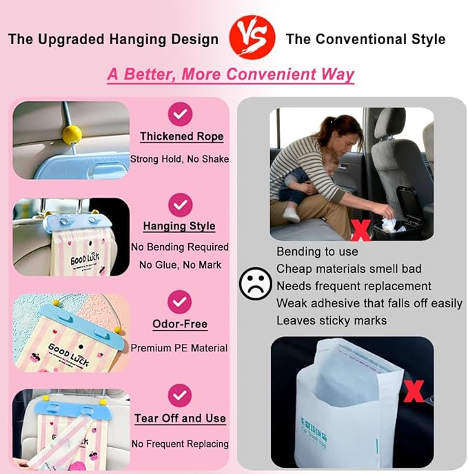20 Pack Car Trash Bags, Leak-Proof Hanging Car Garbage Bag，Adhesive Seal Automotive Vehicle Trash Bag with Phone Stand Holder, Thick Car Sick Bags for Vomiting, Multi-Use Waste Bag for Home & Outdoor
