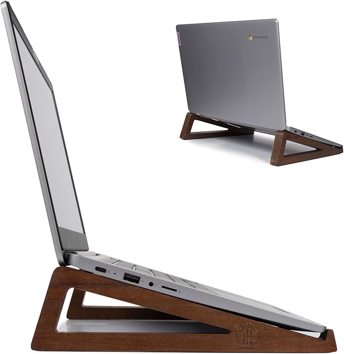 S&A WOODCRAFT Wooden Laptop Stand, Portable Desk Laptop Holder for Tablet with Carry Pouch, Compact Travel Laptop Stand with Protective Silicone Pads, Suitable for Laptops and Tablets