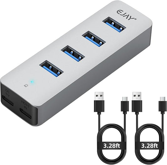 4Ports USB3.0 HUB,Extra Power Supply Port,3.3FT(1M) Long Data Cable and 3.3FT(1M) Long Power Cable,Aluminum 5Gbps High Speed USB Splitter,Multi Port Extender Hub for PC, Laptop, Mac,etc (HA-4U)