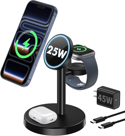 2026 25W 3 in 1 Super Fast Wireless Charging Station Compatible with MagSafe Charger Stand, Magnetic Mag-Safe Charger for iPhone 17 16 15 14 13 12 Series Apple iWatch AirPods Pro 4 3 2, Black