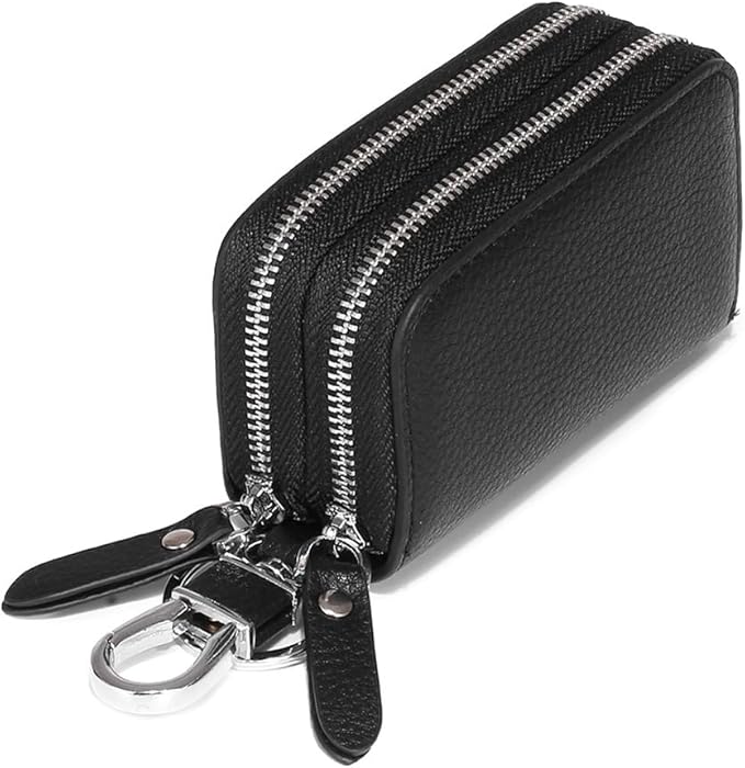 Key Fob Case Genuine Leather, Double Zipper Car Key Holder & Key Wallet with Keychain, Key Pouch for Purse Gift