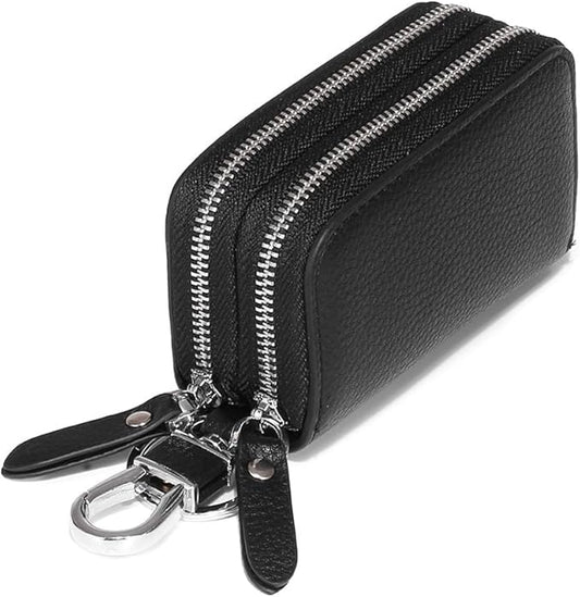 Key Fob Case Genuine Leather, Double Zipper Car Key Holder & Key Wallet with Keychain, Key Pouch for Purse Gift