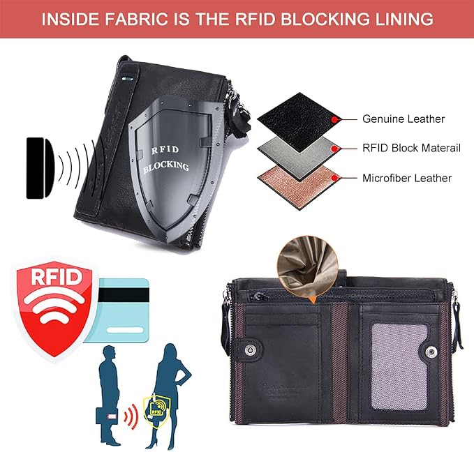 CONTACTS Soft Leather Wallet for Women and Men Small Bifold Coin Purse Double Zipper Card Holder with RFID Blocking (Black)