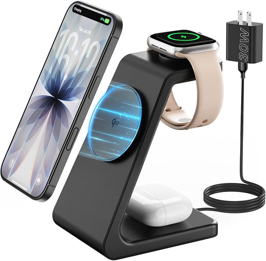 Qi2 15W Charging Station for iPhone 17: JoyGeek 3-in-1 Fast Wireless & Magnetic Charger for Magsafe, iPhone 17-12, Apple Watch Ultra 2-11 & AirPods 2-4, Includes 30W PD Adapter