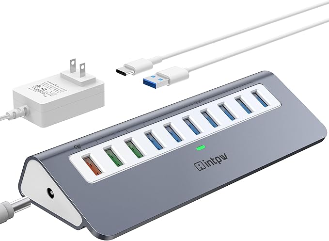 Powered USB Hub 10Gbps, 10 Port USB 3.2 Gen 2 Hub with 7 USB 3.2 Data Ports, 3 Fast Charging Ports, 36W Power Adapter, Type A and Type C Cable, Aluminum USB Data Hub for Mac, PC, Laptop