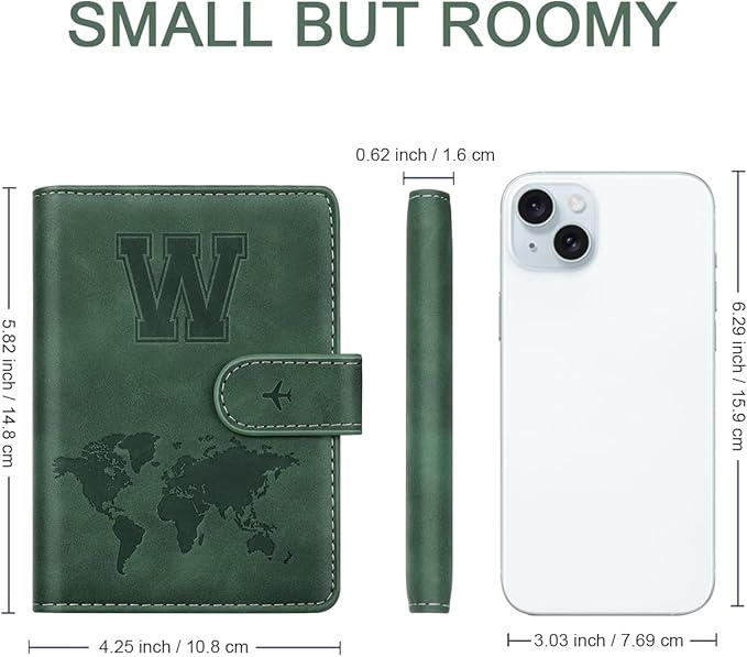 Personalized W Passport Holder Cover Initial Letter Travel Wallet RFID Blocking Passport Cover Credit Card Holder Case Passport Book Holders for Women and Men, Pine Green-W