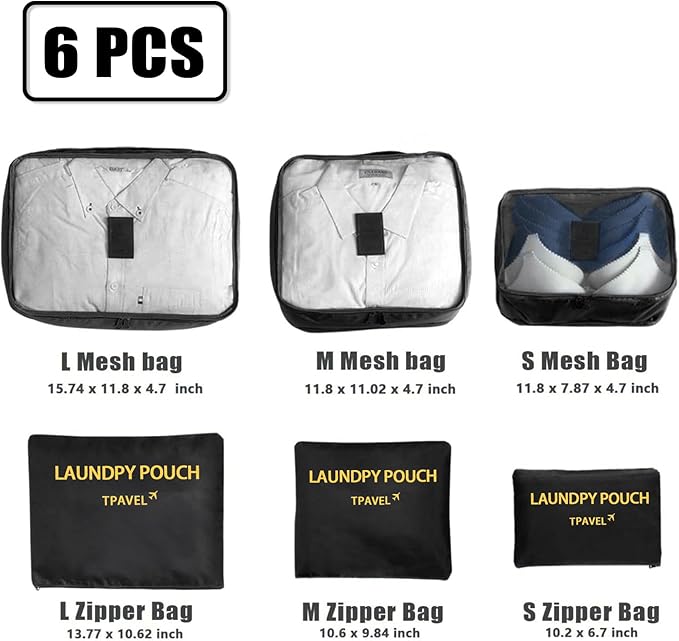 6 Set Packing Cubes for Travel Luggage Packing Bags Reusable Waterproof Suitcase Organizer Bags Set with Shoe Bag and Toiletry Bag (Black)