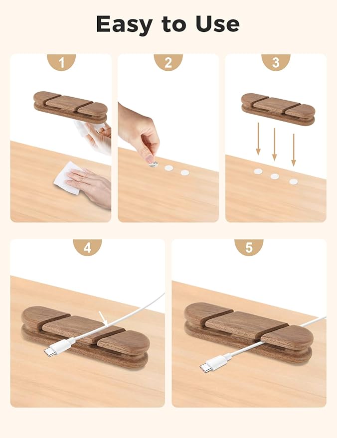 Solid Walnut Cable Holder & Cord Organizer, Adhesive Cable Clips for Desk, Under Desk, Wall, Bedside & Car, Wood Cable Management for Home Office, Phone Charging & USB Cables