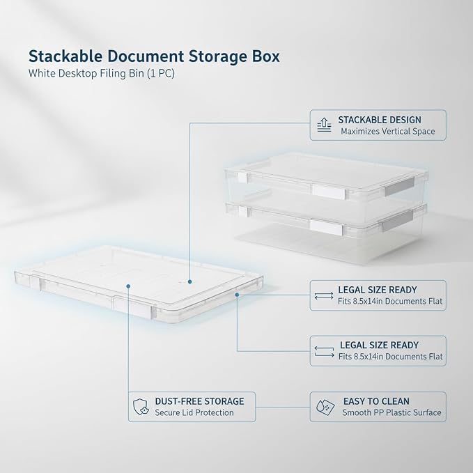 Easy-Access Stackable File Box with Lid, White PP Plastic Document Organizer for Legal Size Papers, Desktop Storage Bin (1 Pack)