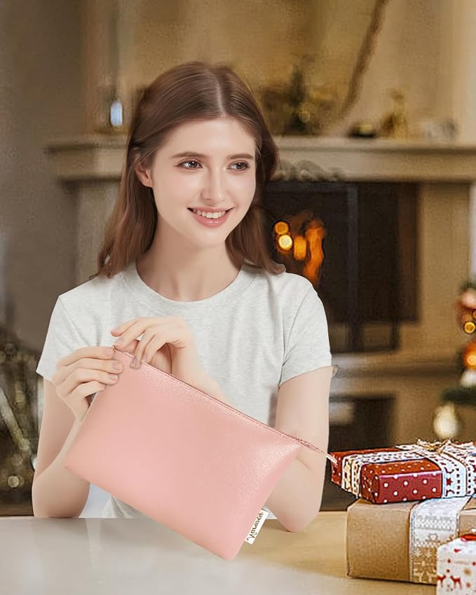 Narwey Small Makeup bag for Purse, Small Makeup Pouch for Purse Cosmetic Bag with Zipper, Cute PU Leather Make up Pouch for Women Girls (Pink)
