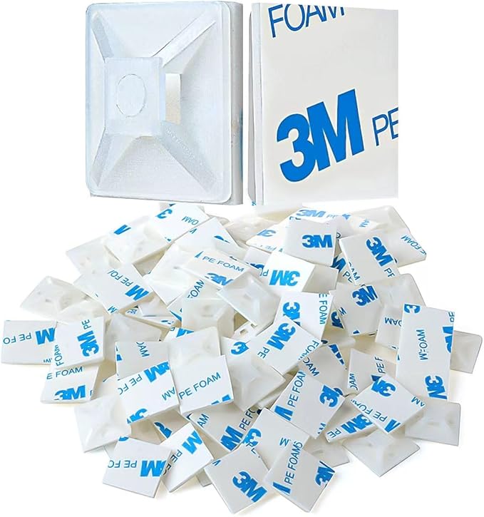XHF 100 PCS 1.1" White Self Adhesive Cable Zip Tie Mounts Wire Cable Clips Holders Management Anchors Organizer Holders Squares(HS-102)