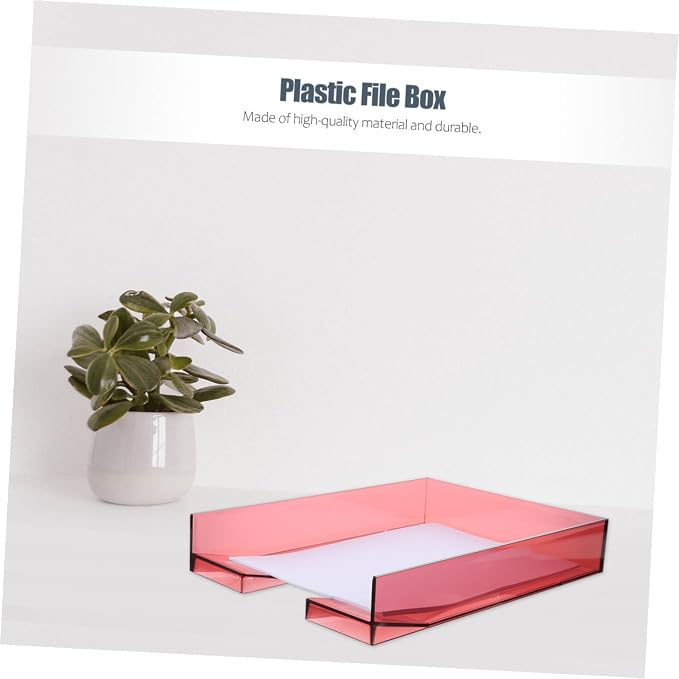 Healeved Stackable Plastic File Box Organizer A4 Paper Storage Case with Lid, Wine Red Desktop Document Holder for Office and School Supplies