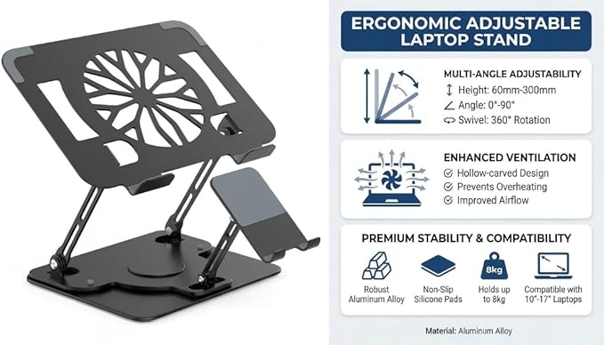 Laptop Stand for Desk,Adjustable Computer Stand with 360° Rotating Base,2-in-1 Laptop Stands with Phone Holder,Ergonomic Laptop Riser for Collaborative Work,fits for All 10-16" Laptops