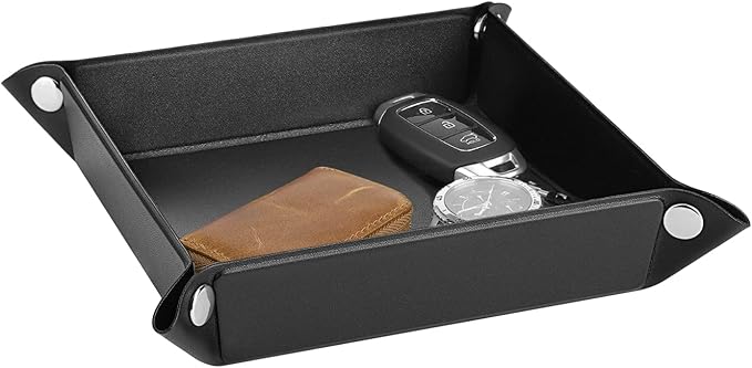 Luxspire Valet tray, PU Leather Tray, Catchall Tray, Men Women Jewelry Key Tray, Desk Storage Plate for Key Coin Phone Jewelry Wallet, Small Size - Black