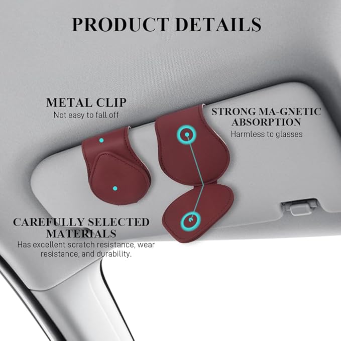 Magnetic Sunglass Holder for Car Visor, Sunglasses Visor Clip, Magnetic Leather Vehicle Glasses Ticket Card Clip, Automotive Eyeglass Hanger Organizer Accessories for Most Vehicles (Wine Red)