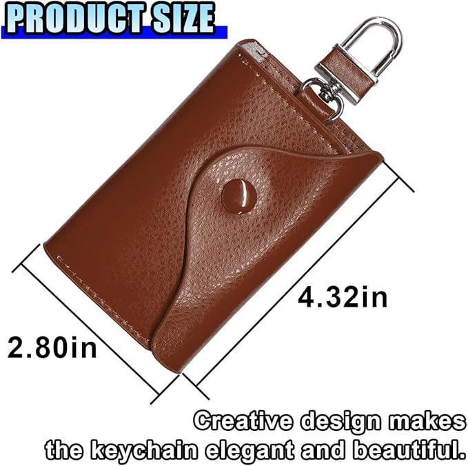 Leather Car Key Case Holder, Remote Key Fob Case with Keychain & Snap Closure – Universal Smart Keys Pouch for Men Women, Coin Holder Protection Bag with Metal Hook (Brown)