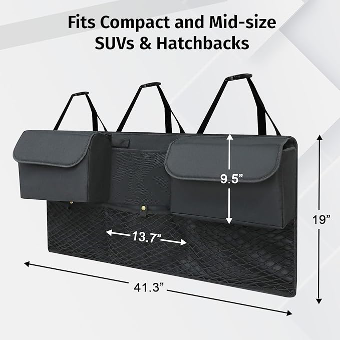 Deluxe Trunk Organizer for Medium or Large Size SUVs & RVs, Backseat Hanging Trunk Organizer, Waterproof Collapsible Car Storage Bag with 6 Pockets, Reinforced No-Sag Design (Black)