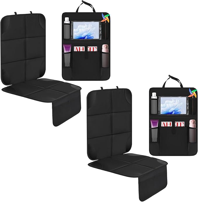Aurelema 4 Pack Non-slip Car Seat Protector and Backseat Organizer Kick Mat with Tablet Holder, Large Waterproof Car Seat Protector with Storage Pockets for Leather and Fabric