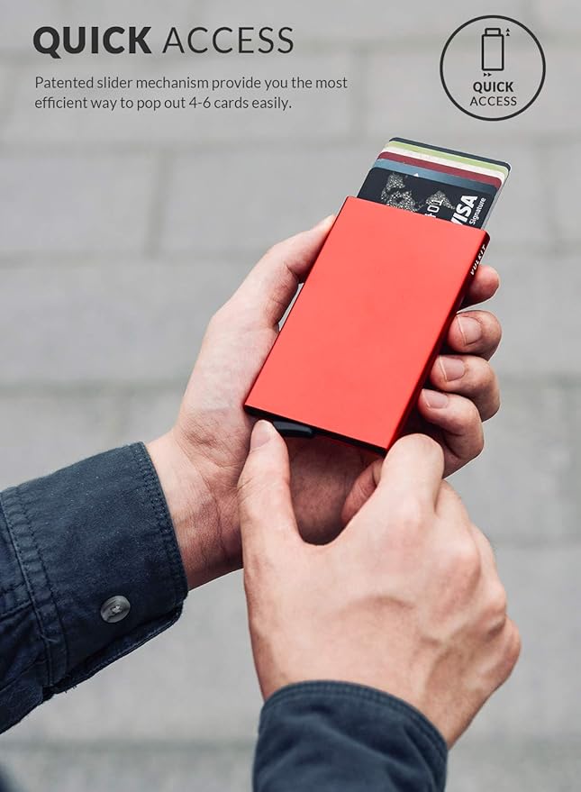 VULKIT Pop Up Wallet, Slim Minimalist Credit Card Holder For Men and Women RFID Blocking Mini Metal Case Red