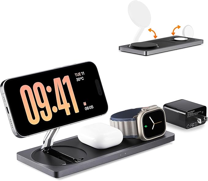 3-in-1 Charging Station for Apple Devices: Used for iPhone and Watch Charging Station with Magsafe Charger Stand, Wireless Charger for iPhone 17 Air 16 15 14 13 Series, Apple Watch Ultra, AirPods Pro
