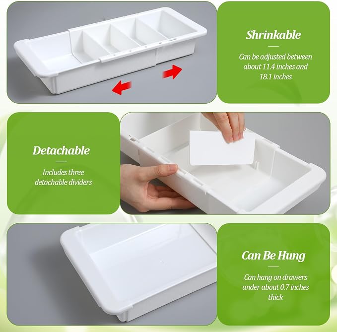 3 Pcs Expandable Drawer Organizer, Adjustable Drawer Organizer Trays Expandable Plastic Dividers Storage for Office Bathroom Bedroom Kitchen Desk (White)
