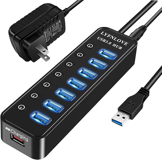 Powered USB Hub 3.0 Extender, Multiple Port Hub Splitter for Laptop PC with Power Adapter and Charging Port, USB Expander with On/Off Switches for MacBook, iMac, Surface Pro