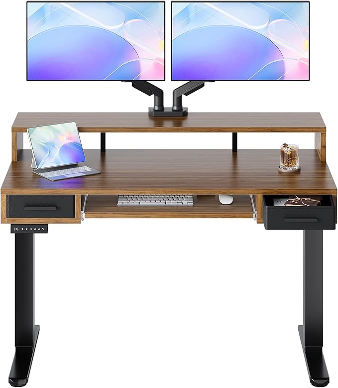 HUANUO 48″ x 26″ Electric Standing Desk with 2 Drawers &24.4″ Large Keyboard Tray, C-Clamp Mount Compatible, Adjustable Computer Desk for Office, Sit Stand Up Desk with 4 Height Presets, Deep Walnut