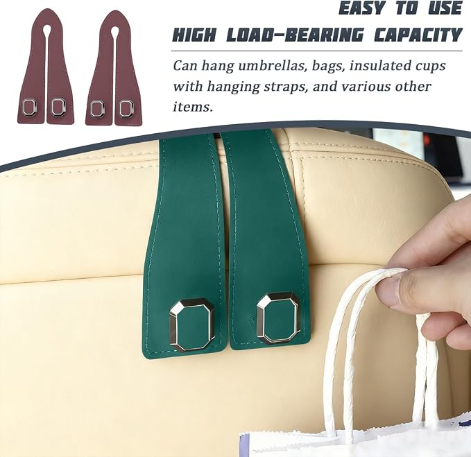2PCS Car Headrest Hooks, Nappa Leather Metal Vehicle Double Seat Back Storage Hook for Purse Bag Coat, Multifunctional Automotive Interior Hanging Hanger, Universal Fit (Brown)