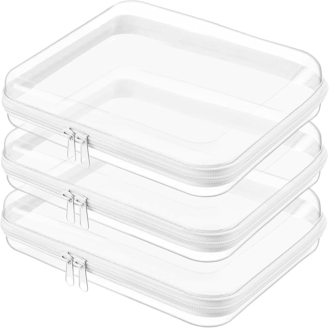 Clear Hard Shell Zipper Case,Clear Toy Storage Pouch,Waterproof Transparent Organizer Cosmetic Case for Travel, Office, Home (White, 3*M)