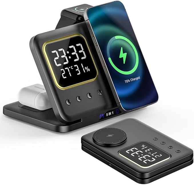IHAO 5in1 Multi Functional Wireless Charging Station Digital Clock 15W Fast Charging Temperature Display Wireless Charger for All Qi Phone and TWS Headphone Compliant with Apple Watch-DH15 Black