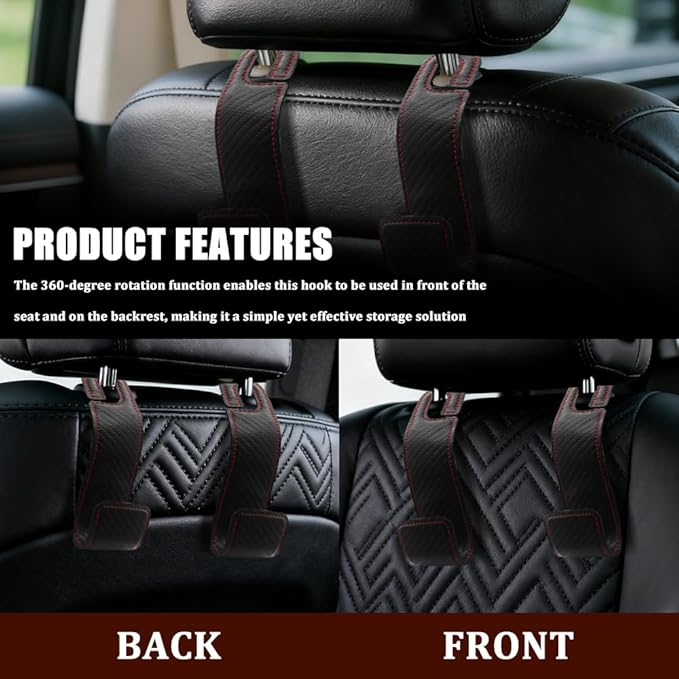 2PCS Car Seat Headrest Hooks, Purse Hook for Car, Automotive Headrest Handbags Holder, Auto Accessories Leather Seatback Organizer Hanger for Hanging Purses Bags Coats (Carbon Fiber, 1PCS)