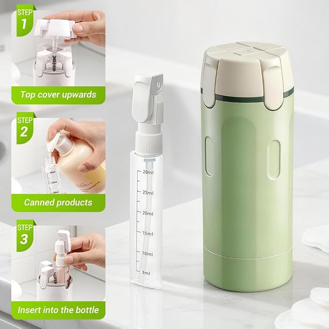 4-in-1 Travel Dispenser Bottle, 2026 New Travel Size Container, Portable Toiletry Container for Carry On, Travel Dispenser Bottle for Shampoo Lotion Conditioner Cream (Green+White)