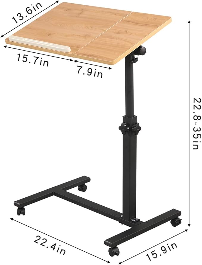 TigerDad Overbed Bedside Desk Mobile Rolling Laptop Stand Tilting Overbed Table with Wheels Height Adjustable Tray Table for Laptop Bed Sofa Side Table (Wood)
