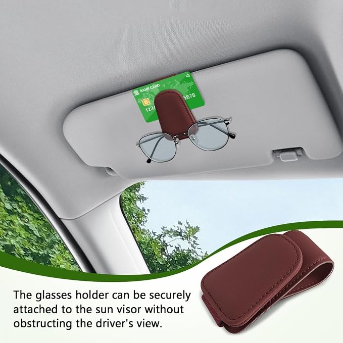Sunglass Holder for Car, Sunglasses Clip for Car Visor, Magnetic Leather Vehicle Eyeglass Hanger Clip, Auto Ticket Card Glasses Organizer Clamp Accessories for SUV Sedan (Wine Red)