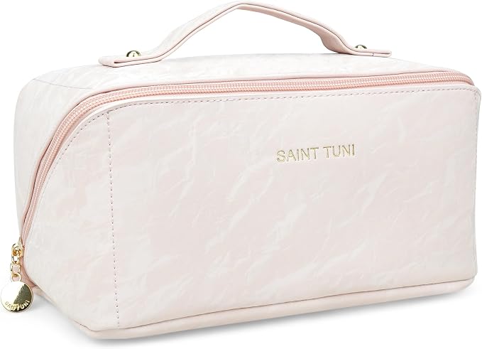 Cosmetic Bag,Travel Makeup Bag, Large Capacity Cosmetic Bags for Women, Waterproof Portable Open Flat Toiletry Bags,Makeup Organizer Bag with Divider and Handle, Cosmetic Pouch Gifts for Women (Pink)