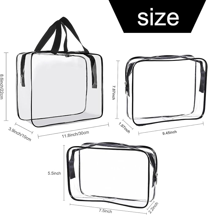 Clear Toiletry Bag Quart Size Bag Travel Makeup Cosmetic Bag PVC Toiletries Cosmetic Pouch for Women Men 3PCS (L+M+S)