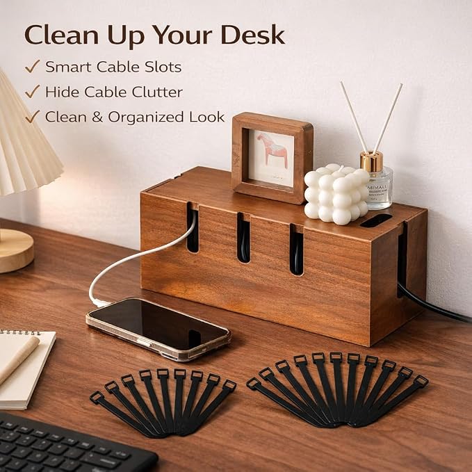 Cable Management Box for Desk & TV, Wooden Cord Hider Box for Power Strips, Chargers & Cords, Decorative Cable Organizer with 20 Reusable Cable Ties, Brown
