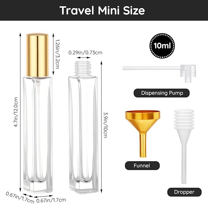 Segbeauty 0.34oz Clear Glass Perfume Atomizer for Travel Refillable Bottle, 5pcs Fine Mist Cologne Spray Bottles with Gold Cap, 10ml Empty Perfume Sprayer with Refill Kit, Small Liquid Containers