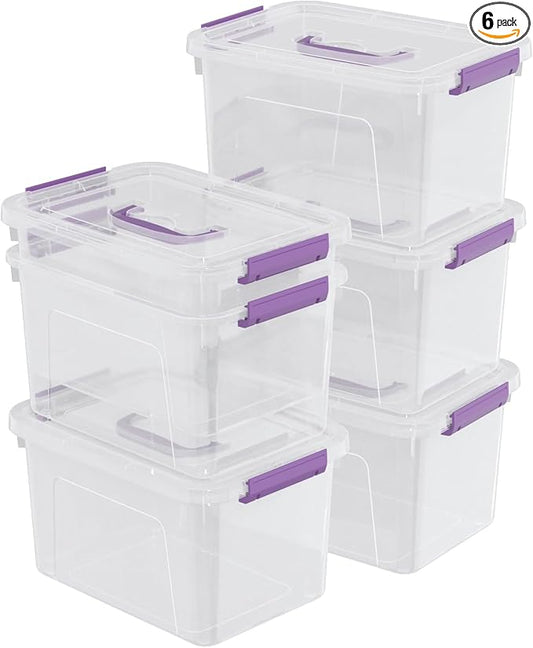 Sandmovie 6 Quart Clear Latching Box with Lid and Handles, Clear Plastic Storage Tote, 6 Packs