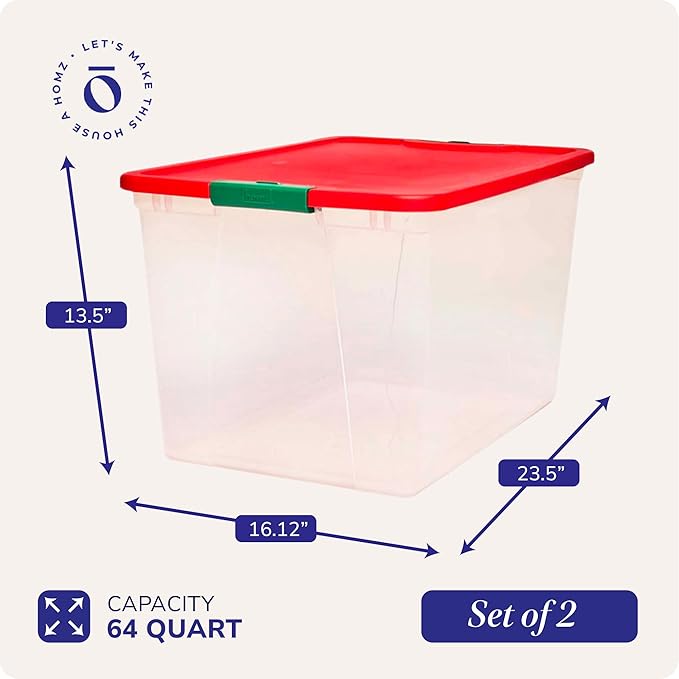 HOMZ 2 Pack Secure Latch, Clear Plastic Storage Organizer Bins, 64 Quart, Red Lid - Stackable Container Boxes for Bedroom, Bathroom, Garage, and Office Organization
