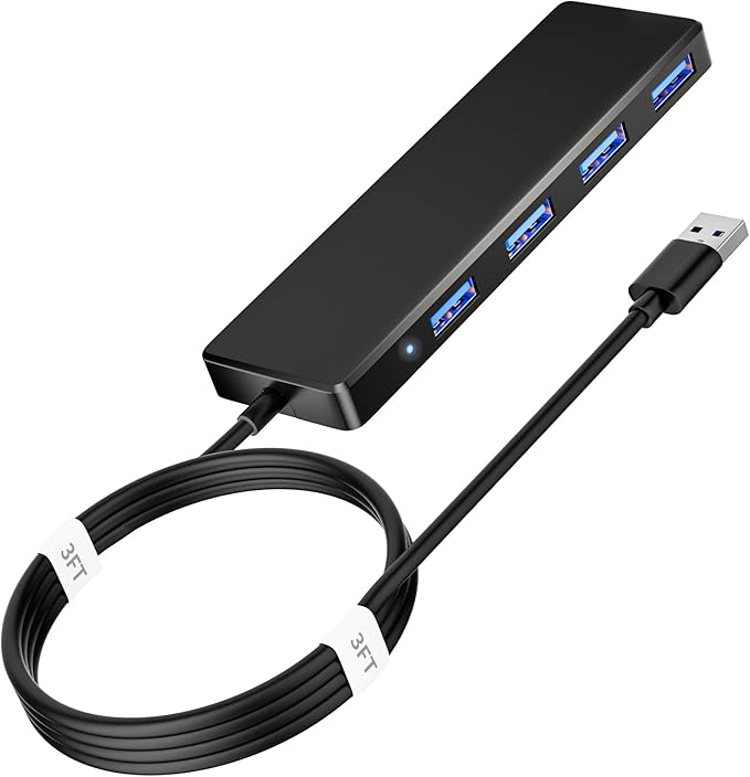 USB 3.0 Hub, 4 Ports USB A Splitter Ultra Slim Mini USB Expander, Multiple USB Hub for Laptop, PC, Xbox, Flash Drive, HDD, Console, Printer, Camera, Keyborad, Mouse and More(3ft)