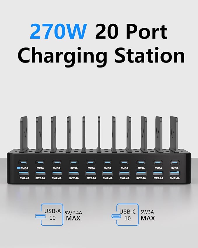 270W Charging Station for Multiple Devices, 20-Port USB Fast Charging Station with Adjustable Dividers & 10 Cables, Multi Device Organizer Charging Dock for iPhone, iPad, Tablets & More(Black)