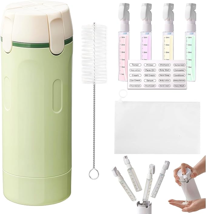 4 in 1 Travel Dispenser, 4 Pack 30ML Leak Proof Travel Size Bottles with Stickers, Brush & Storage Bag, Refillable TSA Approved Travel Toiletry Container Set for Shampoo, Lotion, Conditioner (Green)